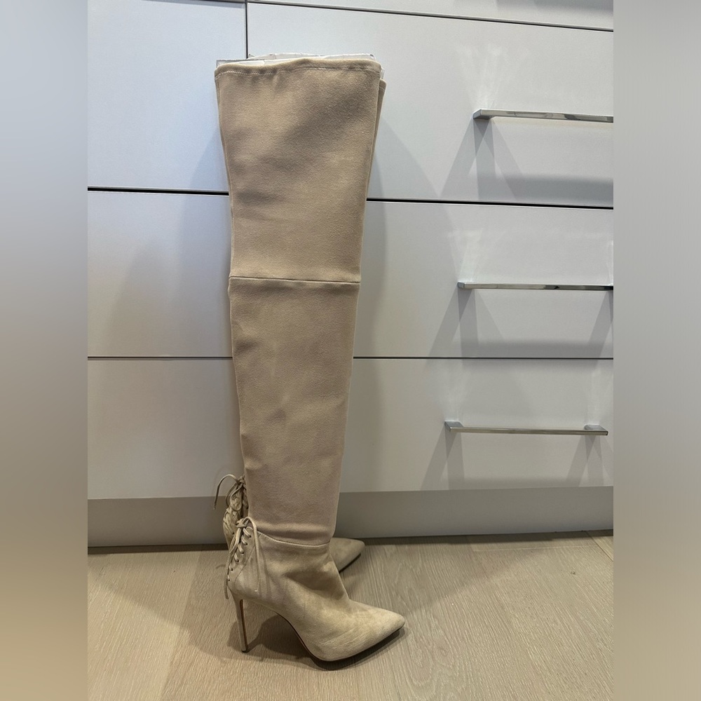 Pour La Victoire Over-the-Knee Lace-Back Pointed Toe Boots in Beige